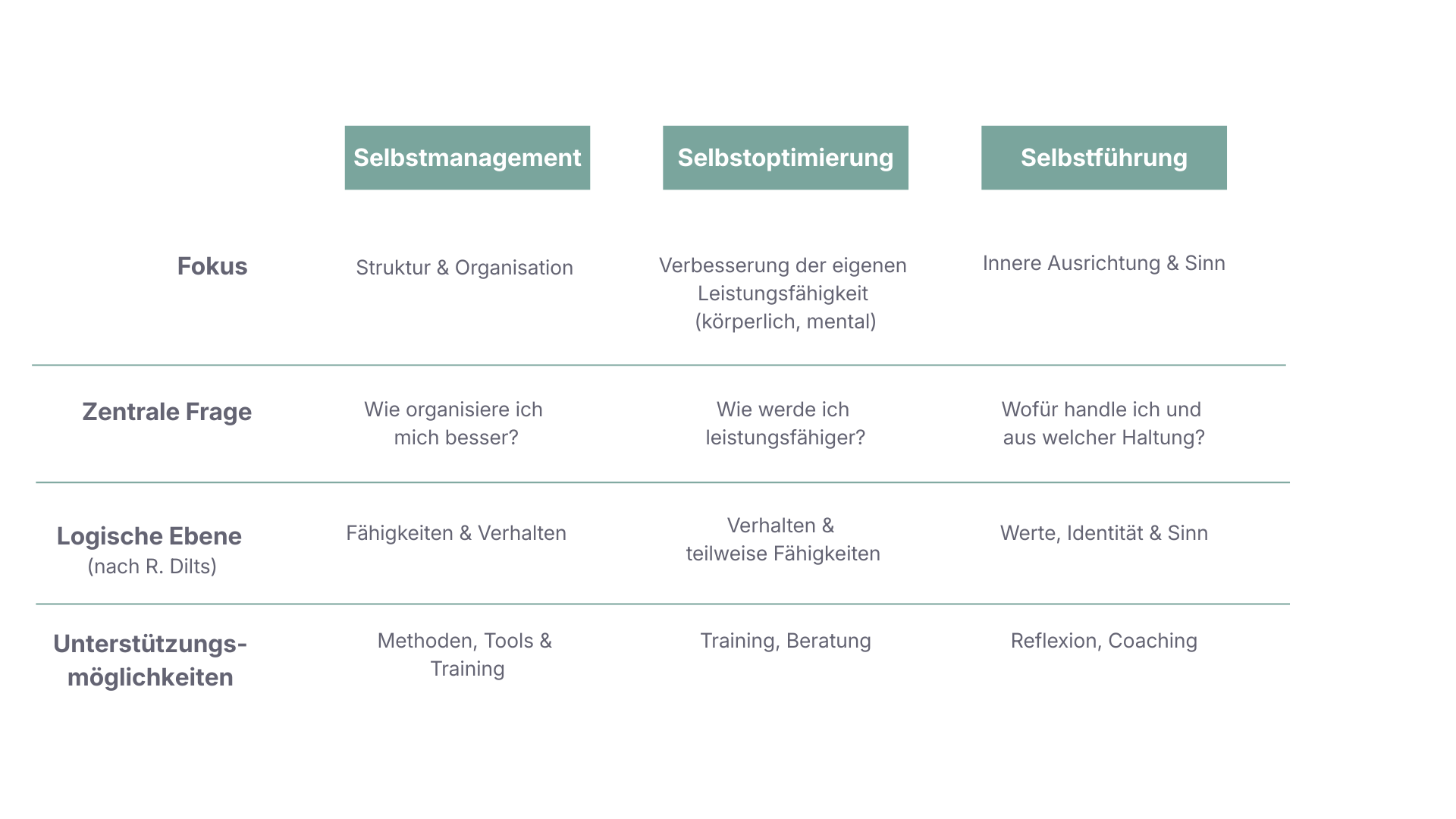 Übersicht Abgrenzung Selbstführung vs Selbstmanagement vs Selbstoptimierung