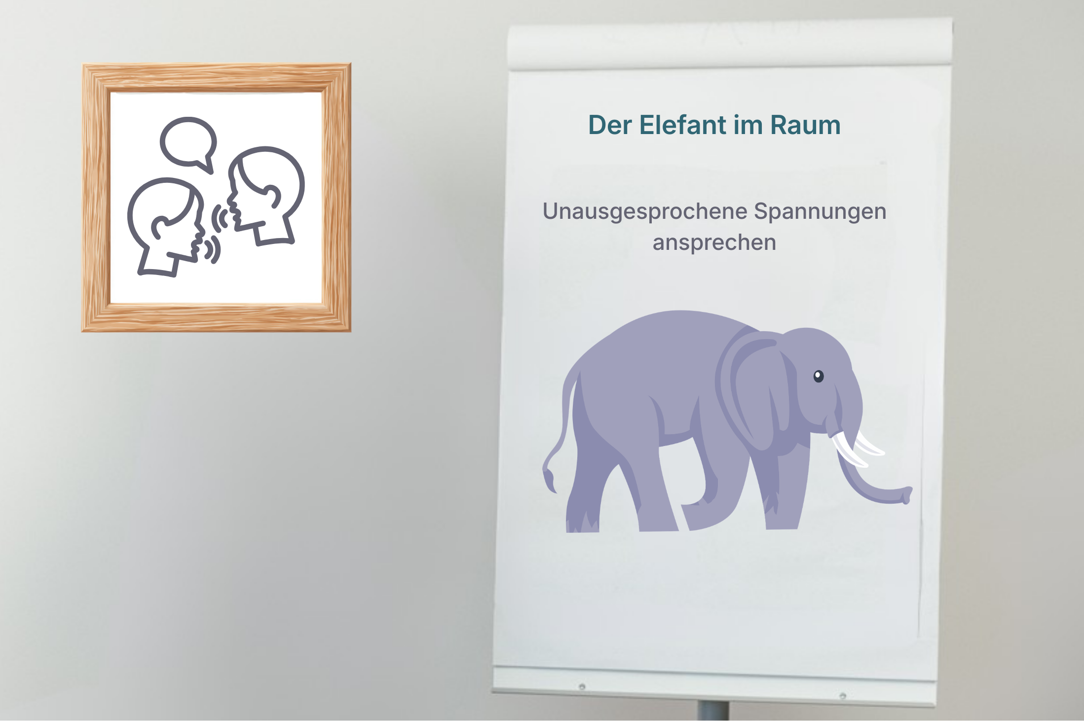 Flipchart mit Elefant im Raum als Symbol für unausgesprochene Spannungen – Visualisierung zum Thema schwierige Gespräche im Job führen und Konflikte ansprechen.