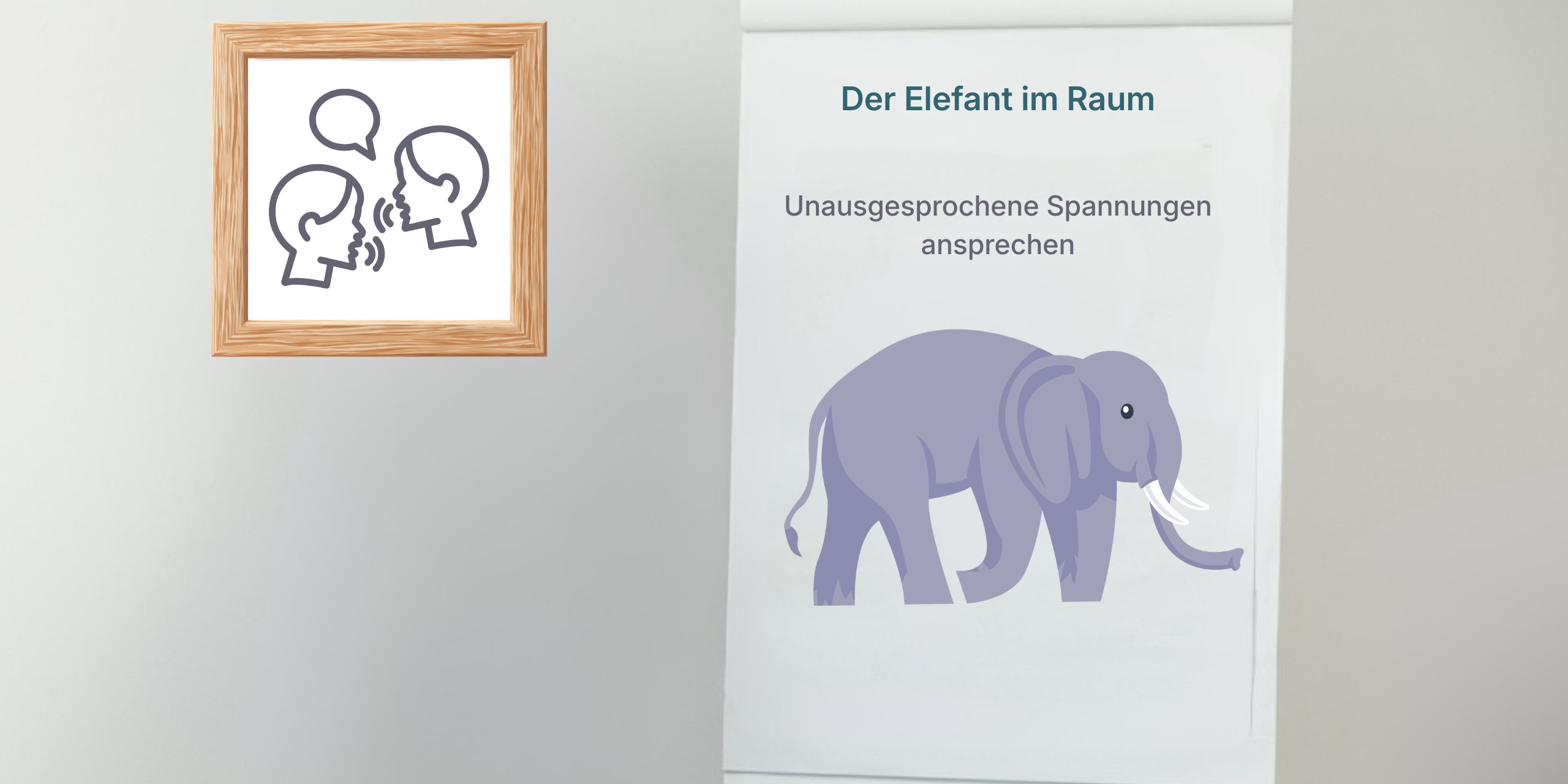 Flipchart mit Elefant im Raum als Symbol für unausgesprochene Spannungen – Visualisierung zum Thema schwierige Gespräche im Job führen und Konflikte ansprechen.
