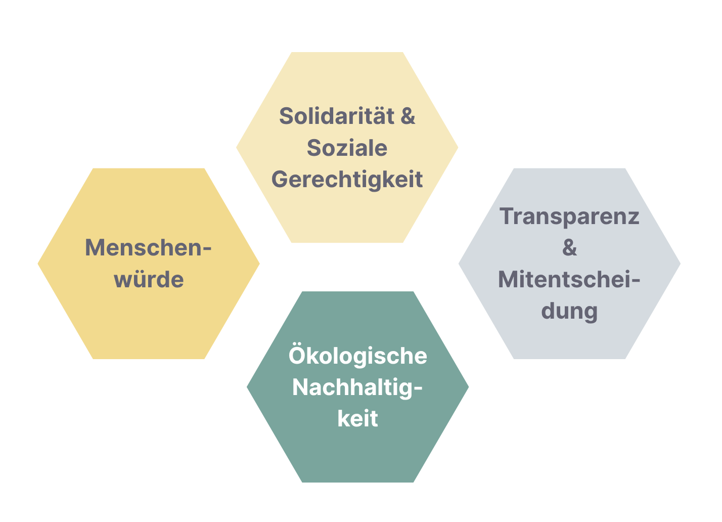 Die Werte der Gemeinwohl-Ökonomie in Wabenform: Menschenwürde, Solidarität und soziale Gerechtigkeit, ökologische Nachhaltigkeit, Transparenz und Mitentscheidung