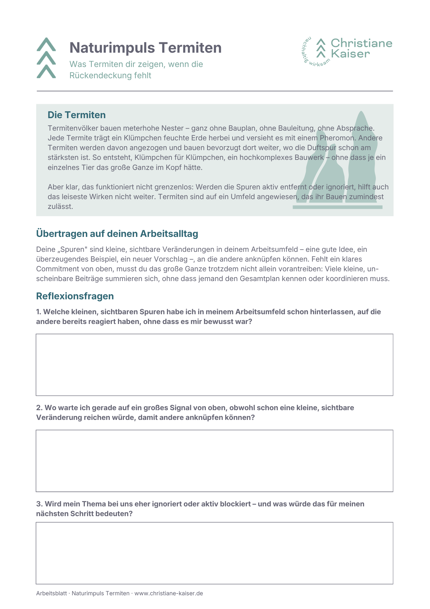 Vorschau des Arbeitsblatts Naturimpuls Termiten mit Reflexionsfragen zum Wirken ohne Signal von oben